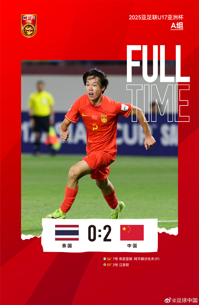 U17亚洲杯：国少2-0泰国夺首胜 布尼亚明点射+助攻江志钦破门