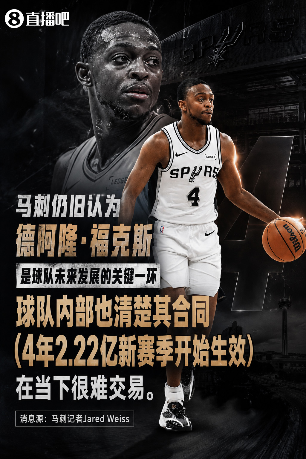 马刺内部认定福克斯仍是核心，4年2.22亿合同成交易障碍