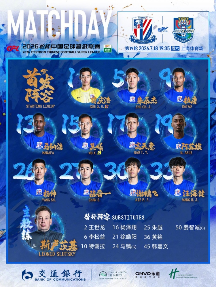 申花轮换三将,津门虎格兰特复出对阵